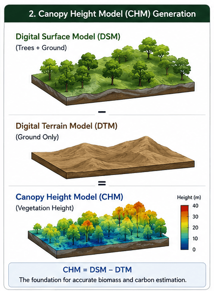 Canopy Height Model CHM generation from LiDAR DSM and DTM subtraction
