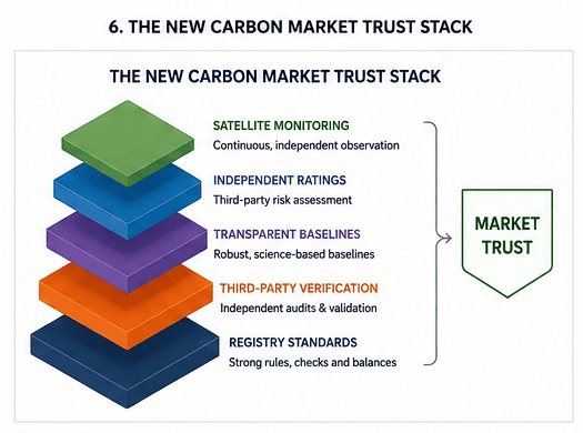Post-crash carbon market structure showing permanent quality tiers and infrastructure layers