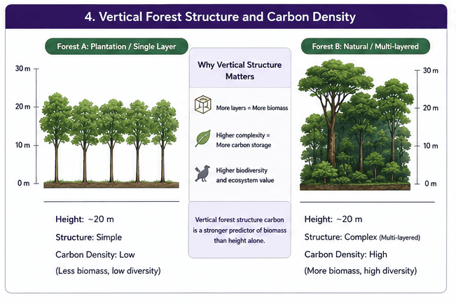Two forests with similar canopy heights showing different vertical structure and carbon density