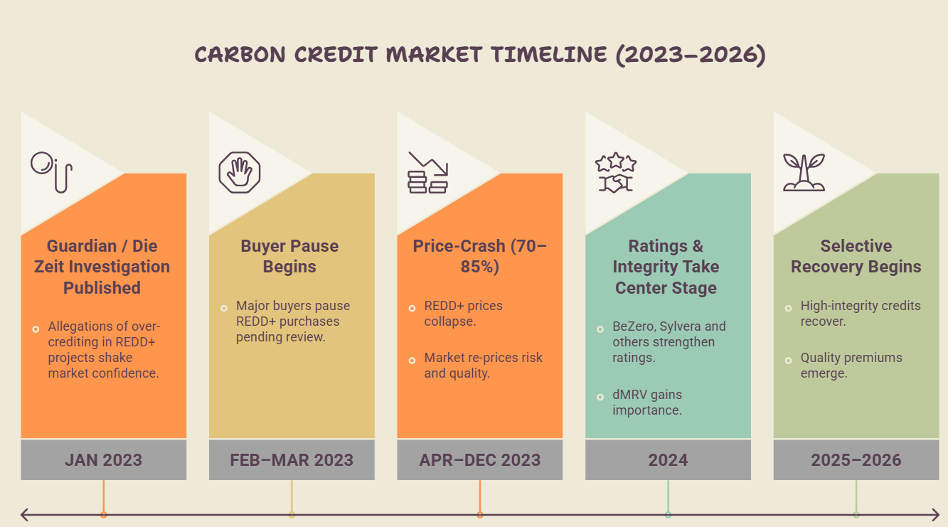 REDD+ carbon market timeline showing price crash from 2022 to 2024