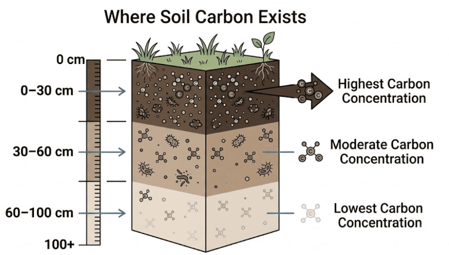 Visual soil profile showing carbon concentration at different depths