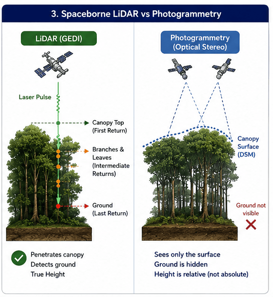 Spaceborne LiDAR vs photogrammetry comparison showing canopy penetration difference
