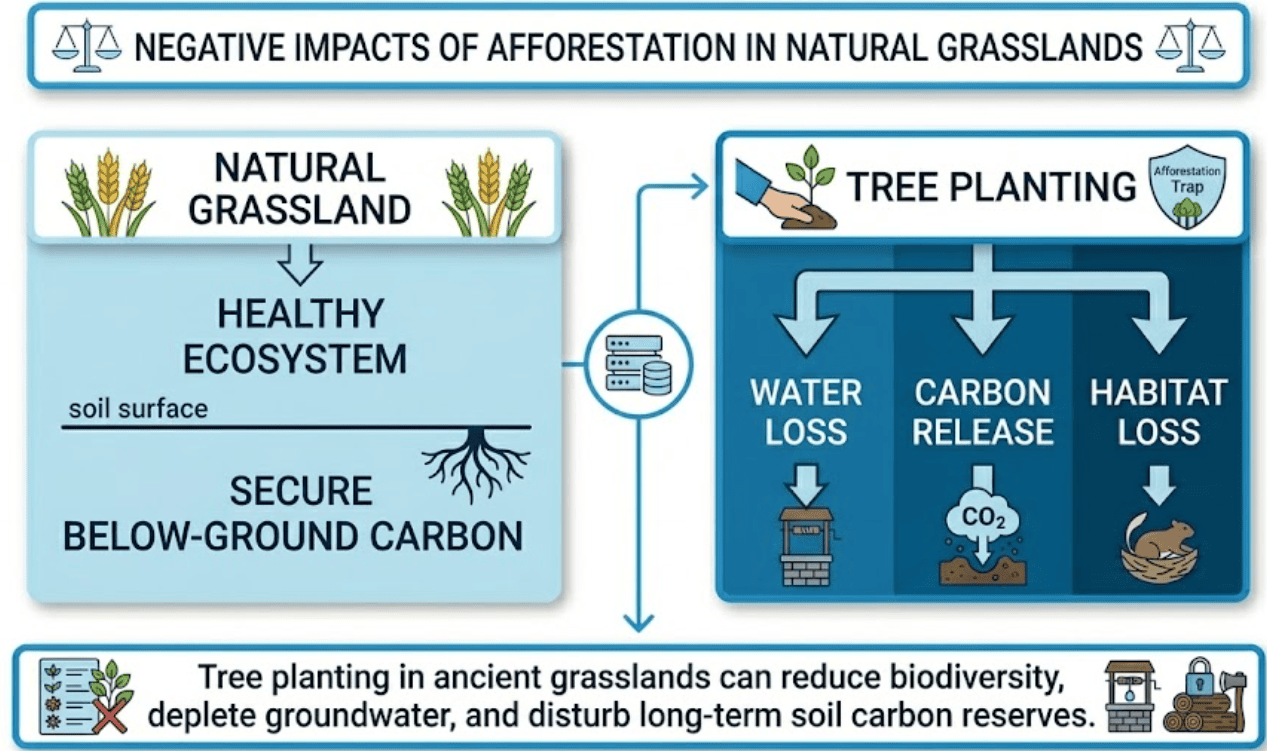 Negative impacts of afforestation in natural grasslands