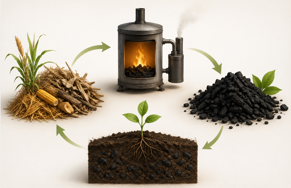 The biochar carbon cycle showing how biomass is converted to stable carbon through pyrolysis
