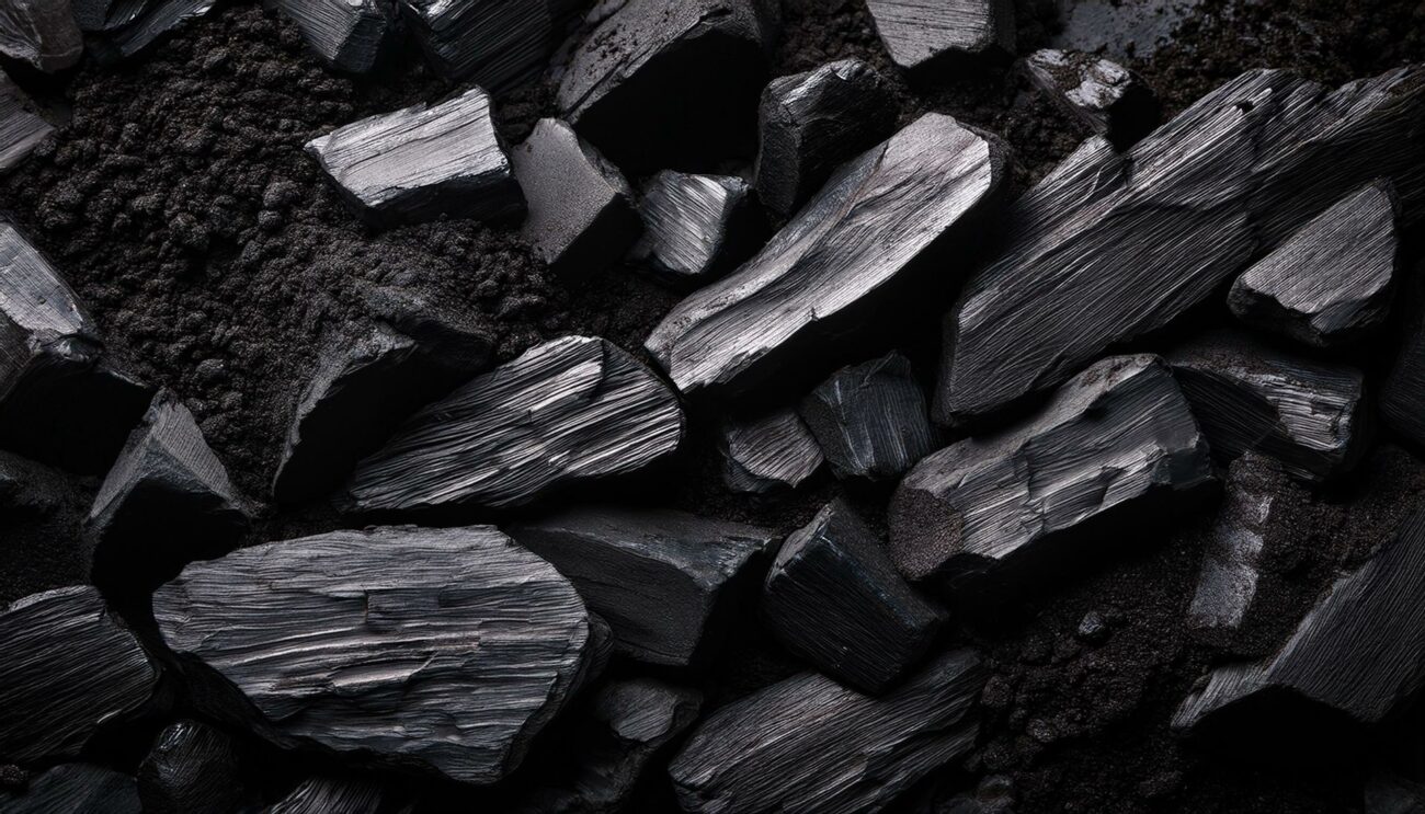 Close-up of charcoal-black biochar fragments layered over dark soil