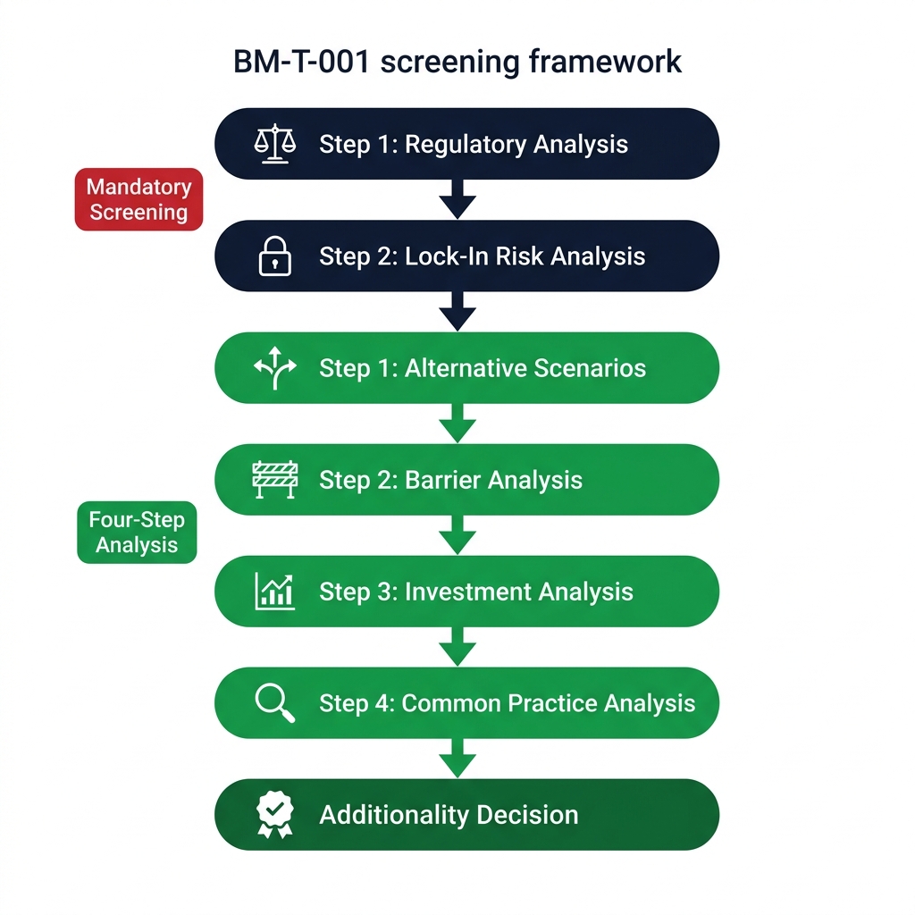 BM-T-001 Complete Screening Framework showing Regulatory Analysis, Lock-In Risk Analysis, then the four-step additionality process leading to the Additionality Decision