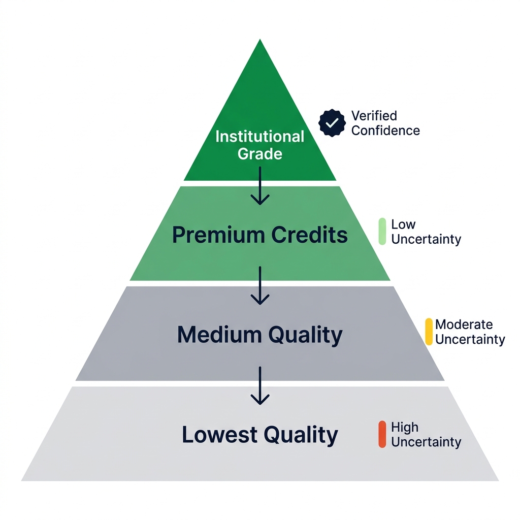 Carbon Credit Confidence Pyramid: from Lowest Quality / High Uncertainty at the base to Institutional Grade / Verified Confidence at the top