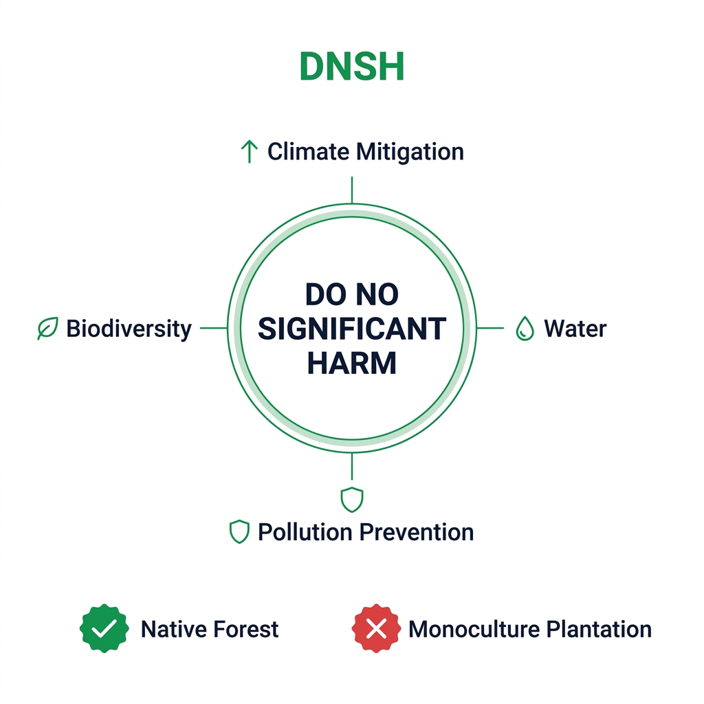 DNSH Framework: Do No Significant Harm principle showing Climate Mitigation, Biodiversity, Water and Pollution Prevention objectives with Native Forest (pass) and Monoculture Plantation (fail) examples