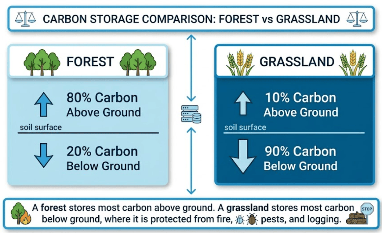 Forest versus grassland carbon storage comparison