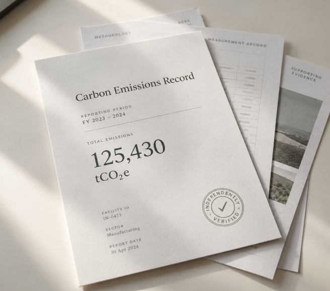 An independently verified carbon emissions record, showing reporting period, total emissions, facility ID and verification stamp